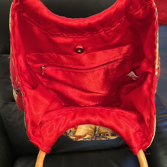 Wood Handles Bag Red Tropical Floral Beaded Sequin - Picture 3 of 7